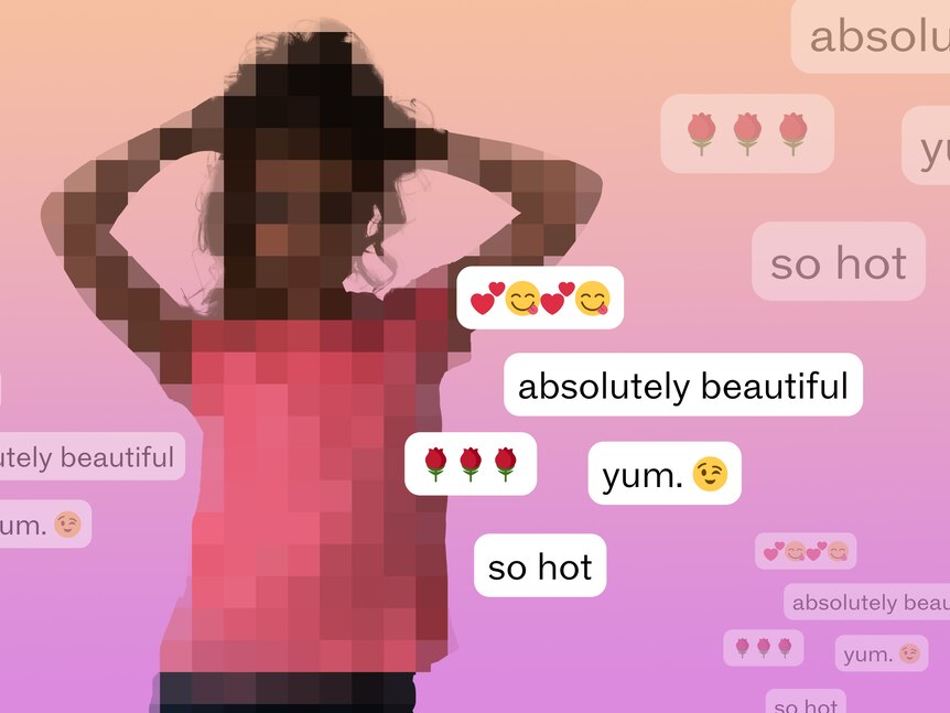 A graphic of a girl with her hands behind her head, surrounded by messages saying "absolutely beautiful", "yum", "so hot".