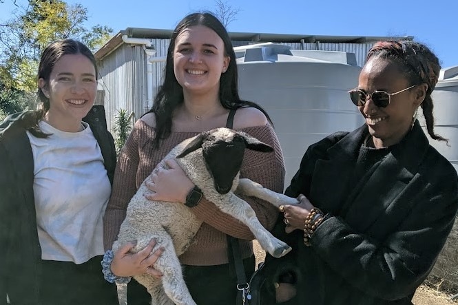 Three girls in jumpers smiling, the one in the middle holding a lamb 