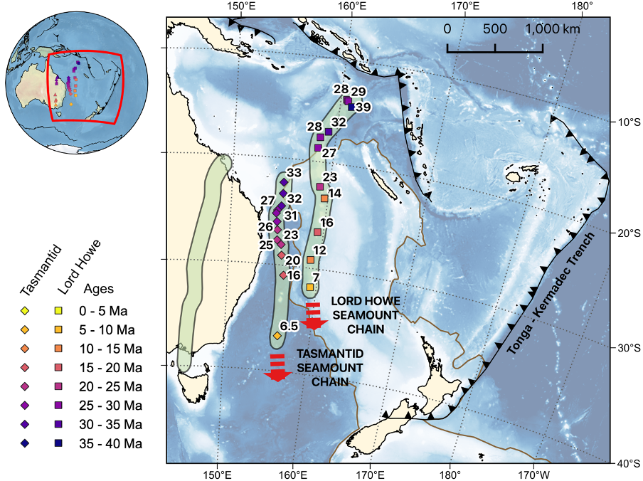 A map showing the location of the Lord Howe and Tasmantid seamount chains, with the age of the seamounts listed on the left.