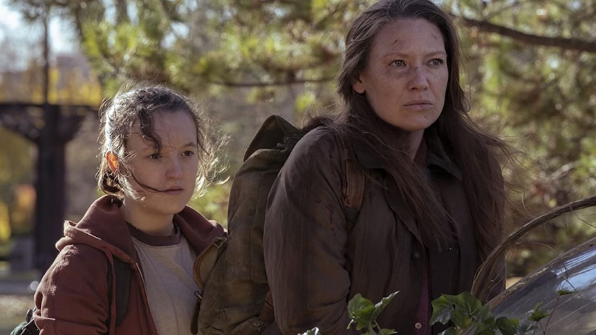 Bella Ramsay and Anna Torv as Ellie and Tess in a still image from HBO's The Last of Us.