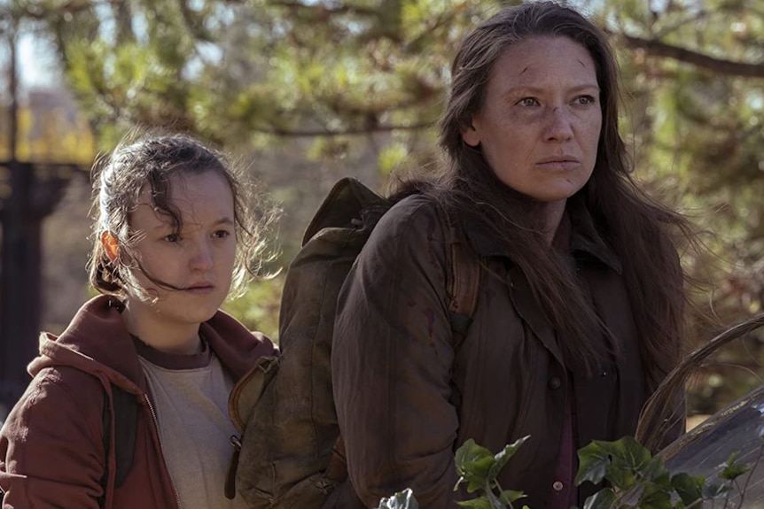 Bella Ramsay and Anna Torv as Ellie and Tess in a still image from HBO's The Last of Us.