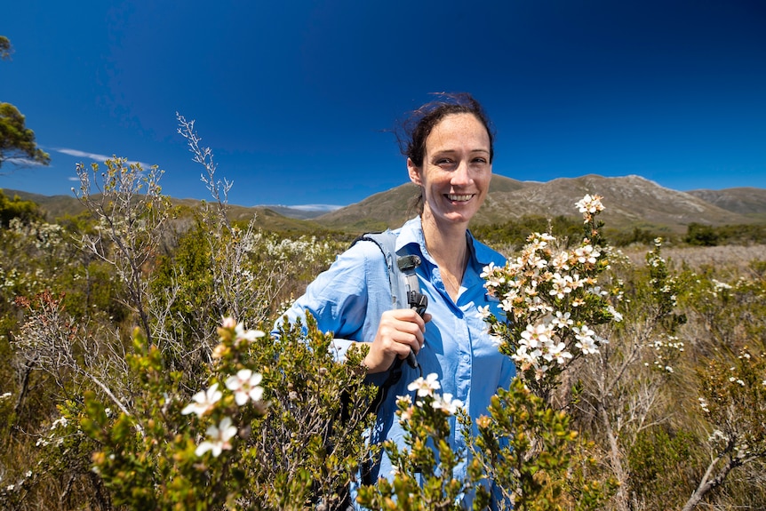 A woman with a backpack slung over one shoulder standing amongst native flowers with hills in the background
