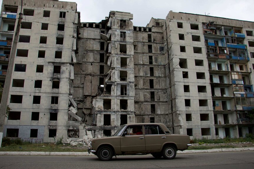 A bombed nine-storey building.