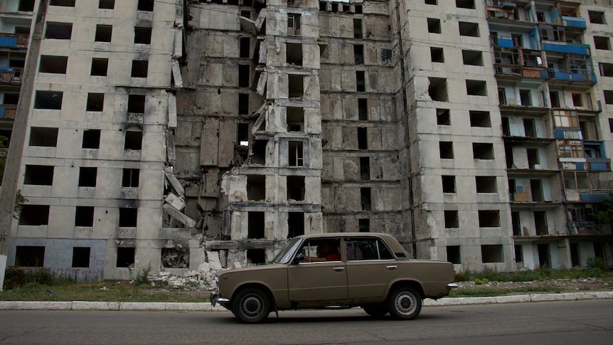 A bombed nine-storey building.