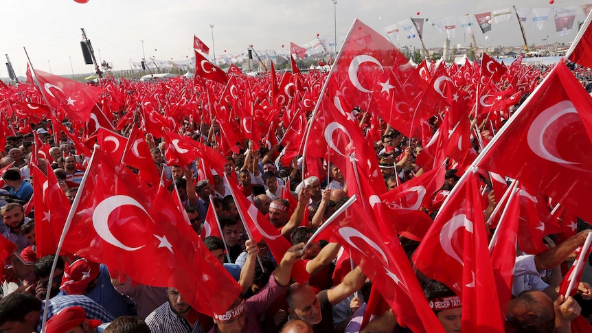 People wave Turkey's national flags during a rally against recent Kurdish militant attacks on Turkish security forces in Istanbul