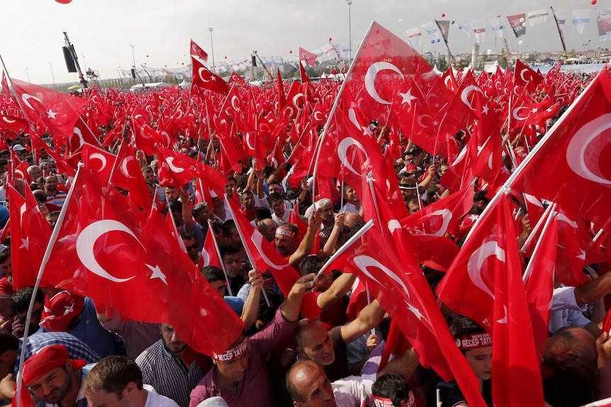 People wave Turkey's national flags during a rally against recent Kurdish militant attacks on Turkish security forces in Istanbul