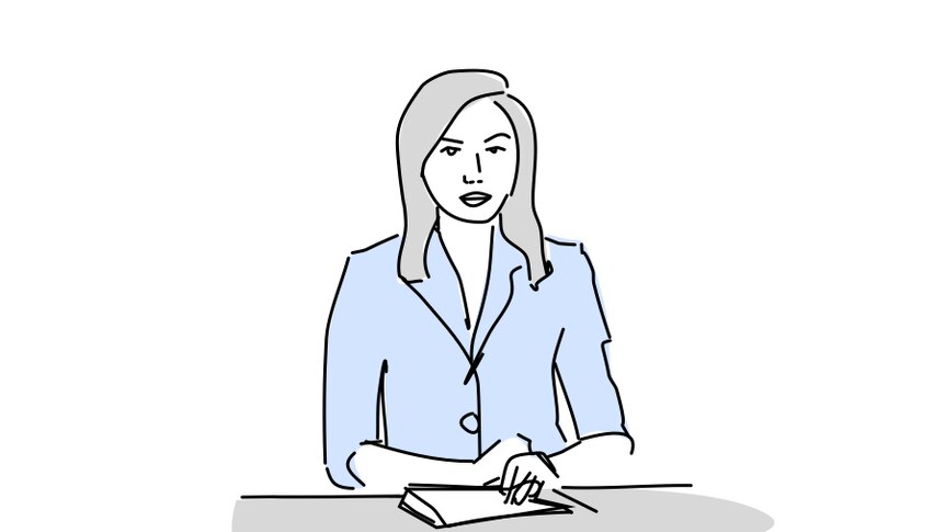 A blue-and-white illustration of a female newsreader sitting at a desk.