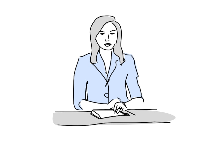 A blue-and-white illustration of a female newsreader sitting at a desk.