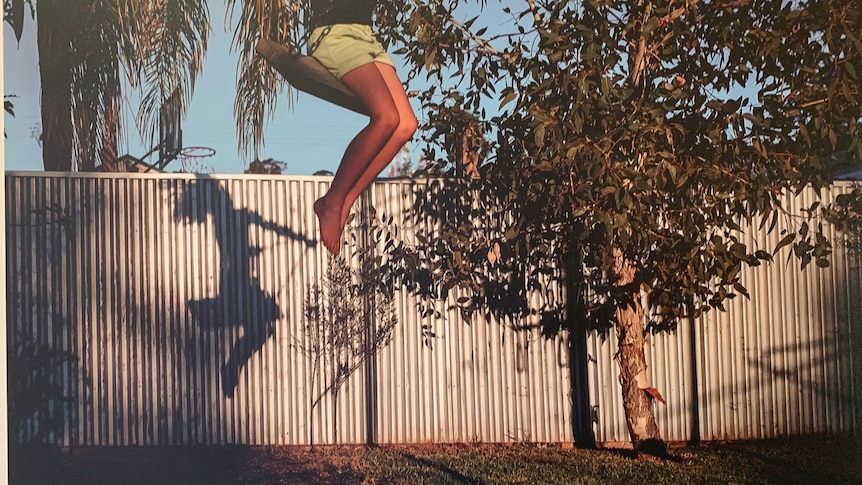Coloured photo of child's shadow on a swing in a backyard.