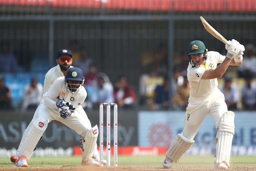 Marnus Labuschagne plays a shot aginst India at Indore