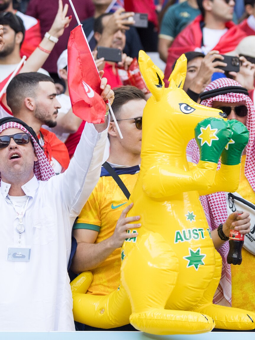 Blow-up kangaroos and classic Aussie tunes – how fans celebrated in Doha after epic victory over Tunisia