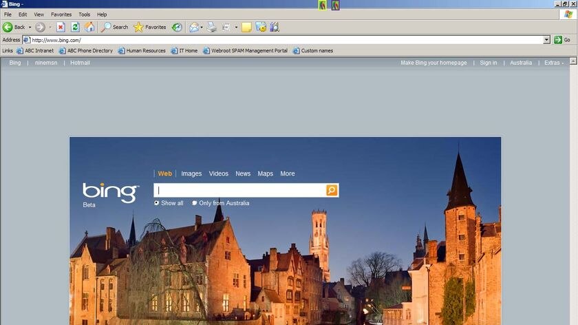 The homepage of the Bing search engine set up in partnership by Yahoo! and Microsoft