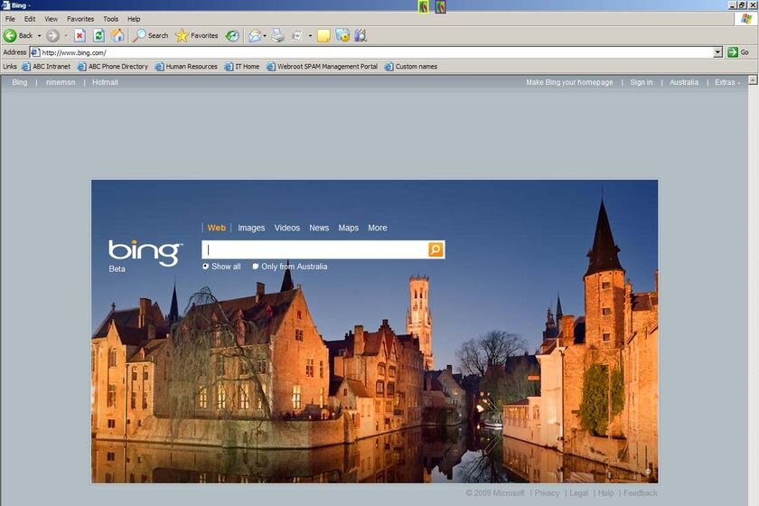 The homepage of the Bing search engine set up in partnership by Yahoo! and Microsoft