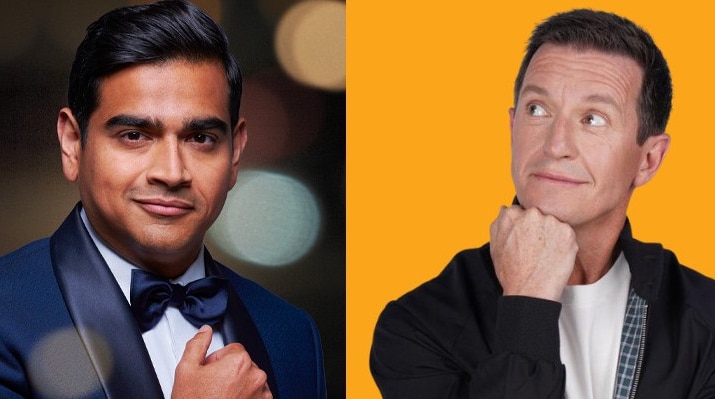 headhsots of Comedians Dilruk Jayasinha in a formal suit and Rove McManus looking whimsical