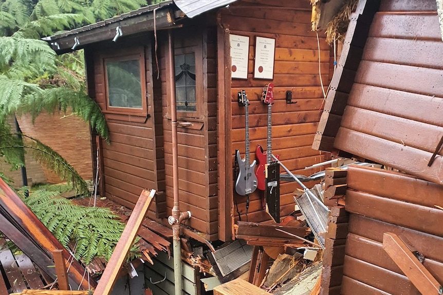 Splintered wood sits around a tree that crashed through a home, with music diplomas hanging on a wall now sitting outdoors.