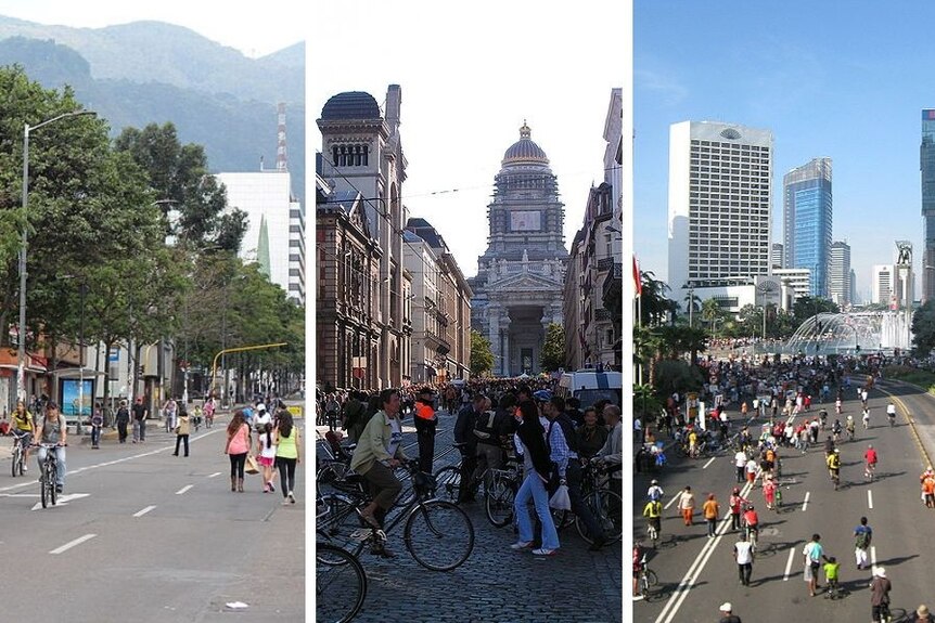 A composite image shows people walking and cycling on main streets in Colombia, Belgium and Indonesia