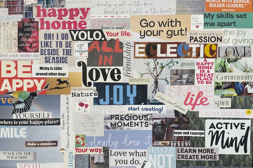 Collage of cut out inspiration words from magazines 