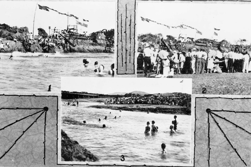 Three black and white images in one of 1933 swimming carnival.