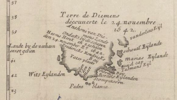 A hand drawn map from 1644 in Dutch showing part of Tasmania drawn with Dutch names given to landmarks