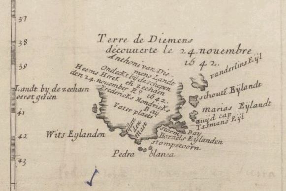 A hand drawn map from 1644 in Dutch showing part of Tasmania drawn with Dutch names given to landmarks