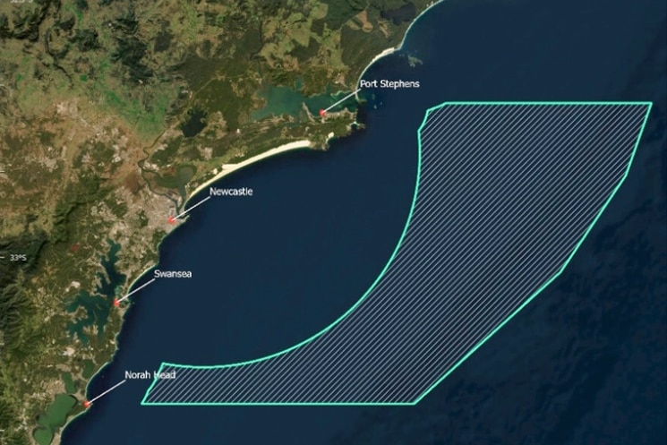 A graphic with a satelite image of a coast and a rectangle-type shape showing where a wind zone was proposed.