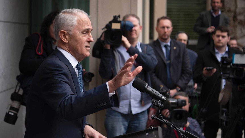 Prime Minister Malcolm Turnbull addresses the media scrum in Canberra on August 20, 2018.
