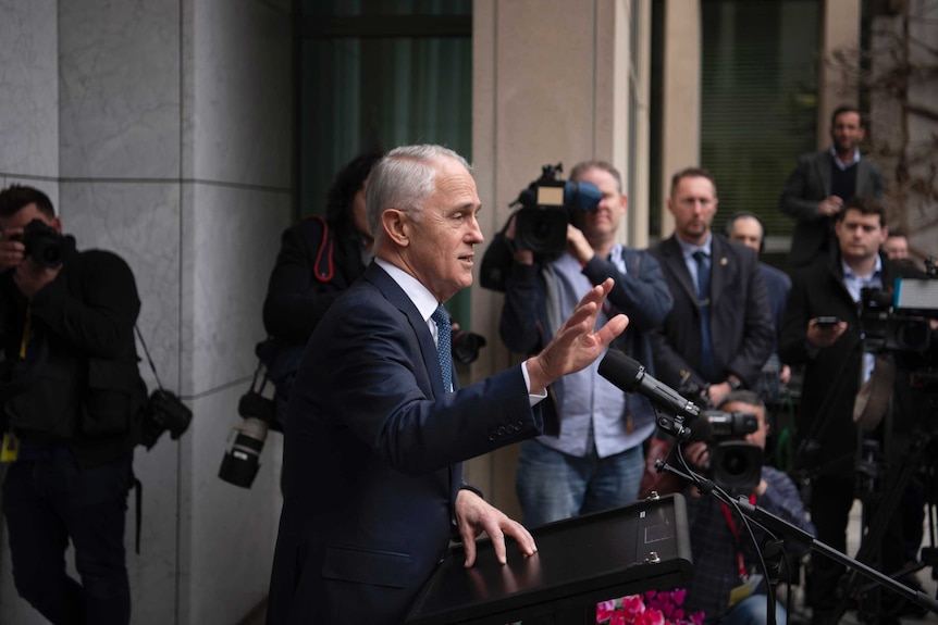 Prime Minister Malcolm Turnbull addresses the media scrum in Canberra on August 20, 2018.