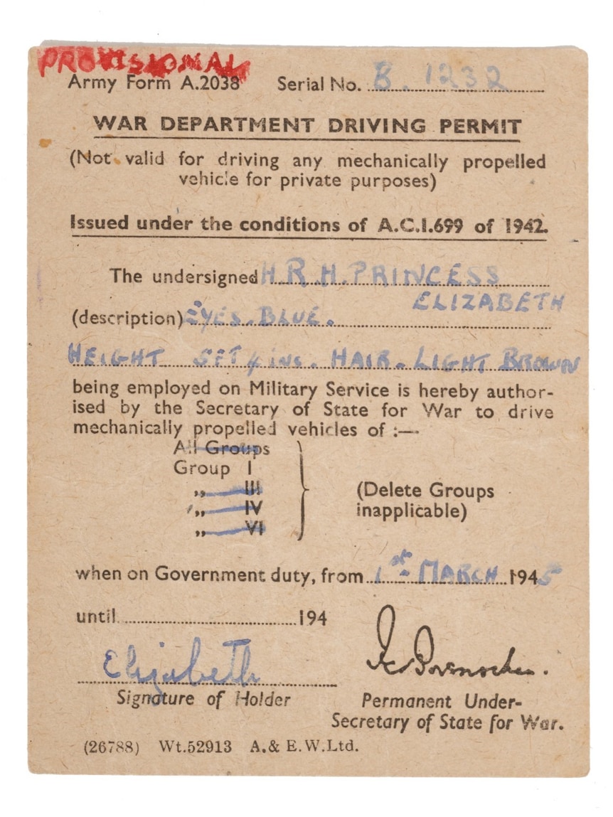 A scan of a paper driving license issued to the Queen during WWII. 