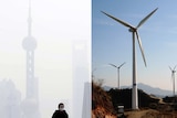 A composite image of a smoggy Shanghai and wind turbines.