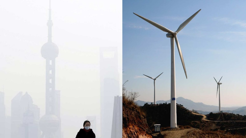 A composite image of a smoggy Shanghai and wind turbines.