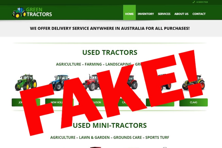 A screenshot of a website selling tractors with the word 'FAKE!' in big red letters across it.