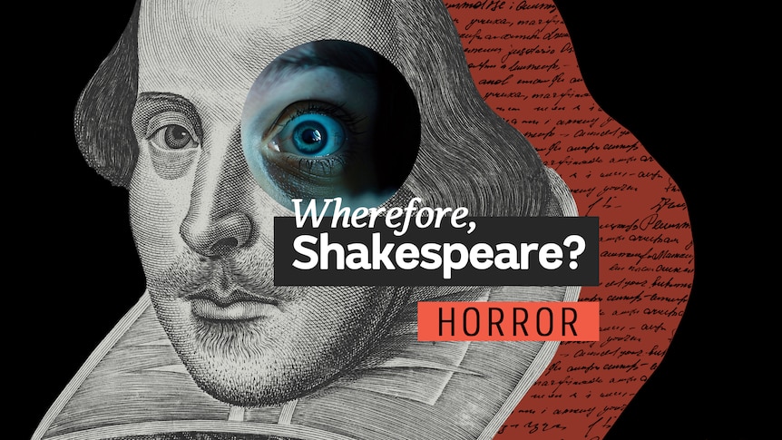 A composite image of William Shakespeare with a frightened eye. The text 'Wherefore, Shakespeare? Horror' is superimposed.