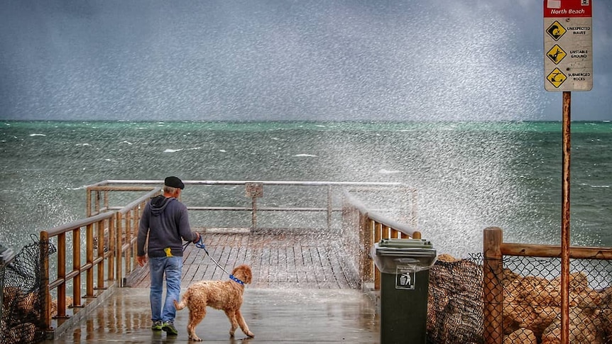 A man walks his dog with waves breaking over a jetty.