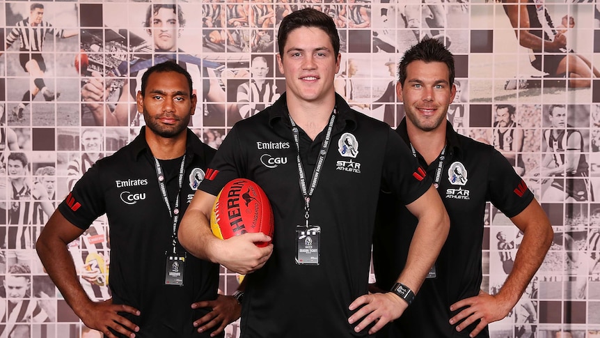 New Collingwood recruits Travis Varcoe (L), Jack Crisp (C) and Levi Greenwood.