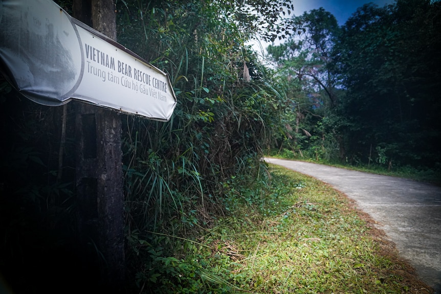 A sign for Vietnam Bear Rescue Centre on a wooden pole by the side of a road.