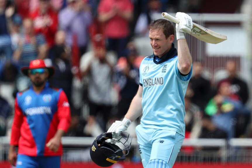 A cricketer raises his bat to celebrate a century at the Cricket World Cup.