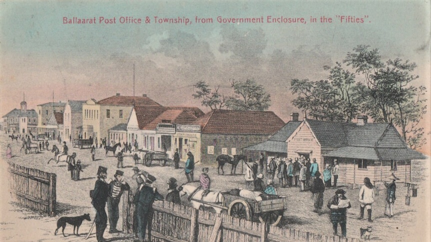 A hand-drawn picture of the main street of Ballarat during the 1850s