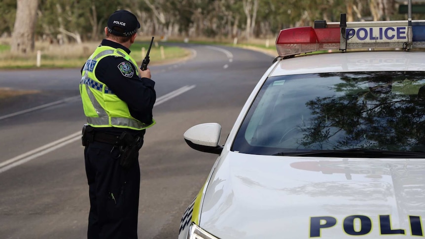 A police officer speaks into a radio next to a police car on a road with trees