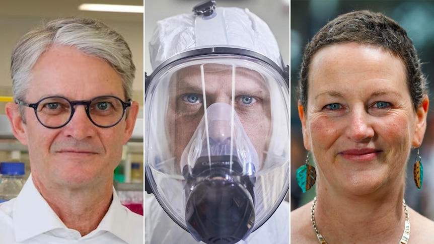 Side by side photos of a man in a white lab coat, a man in a full-face PAPR mask and a woman with short dark hair