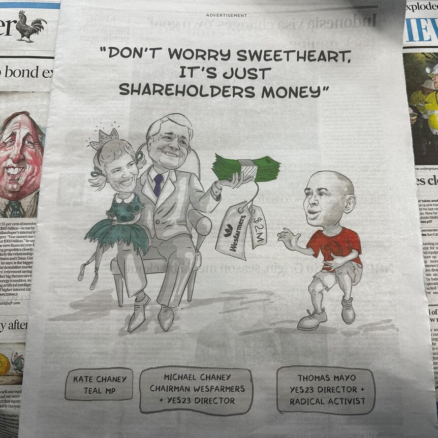 A cartoon advertisment in the australian financial review newspaper depicting Kate Chaney, her father and Thomas Mayo