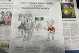 A cartoon advertisment in the australian financial review newspaper depicting Kate Chaney, her father and Thomas Mayo