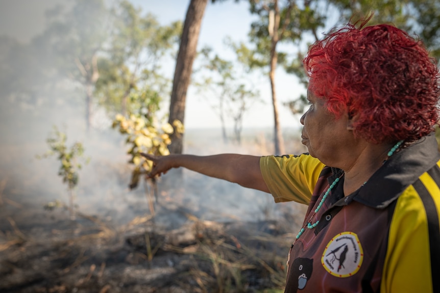 Kardu Diminin traditional owner Margaret Perdjert points at a smoky area of bushland.