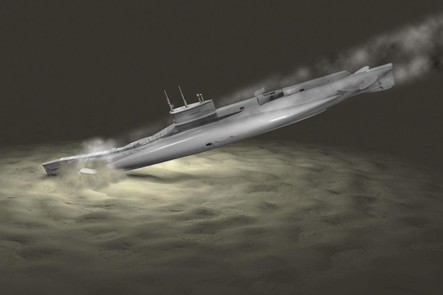 An artist's impression of HMAS AE1 settling on the seabed