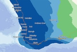 A map showing large bands of blue and green across South West WA.