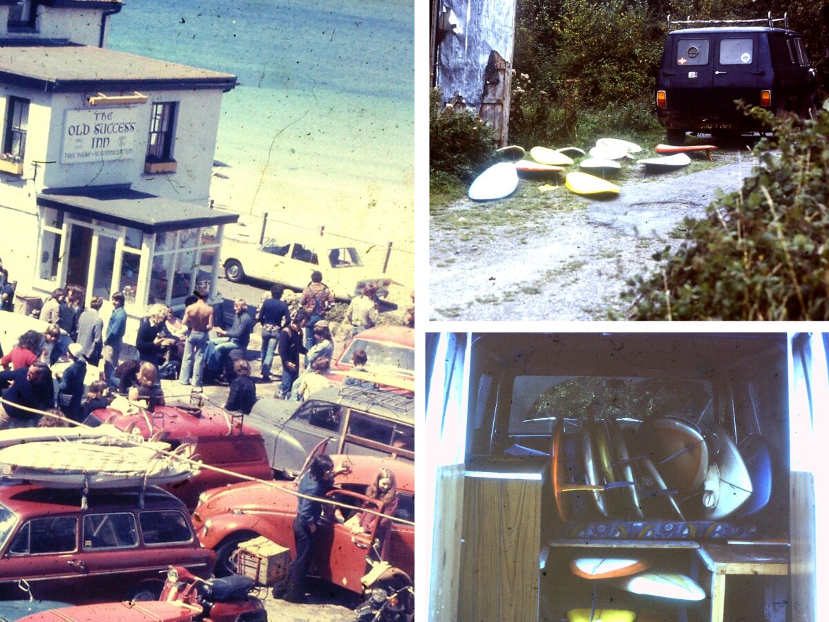 Un collage de tres fotografías cinematográficas, que incluyen tablas de surf, tablas apiladas en camionetas y automóviles, y gente reunida afuera.