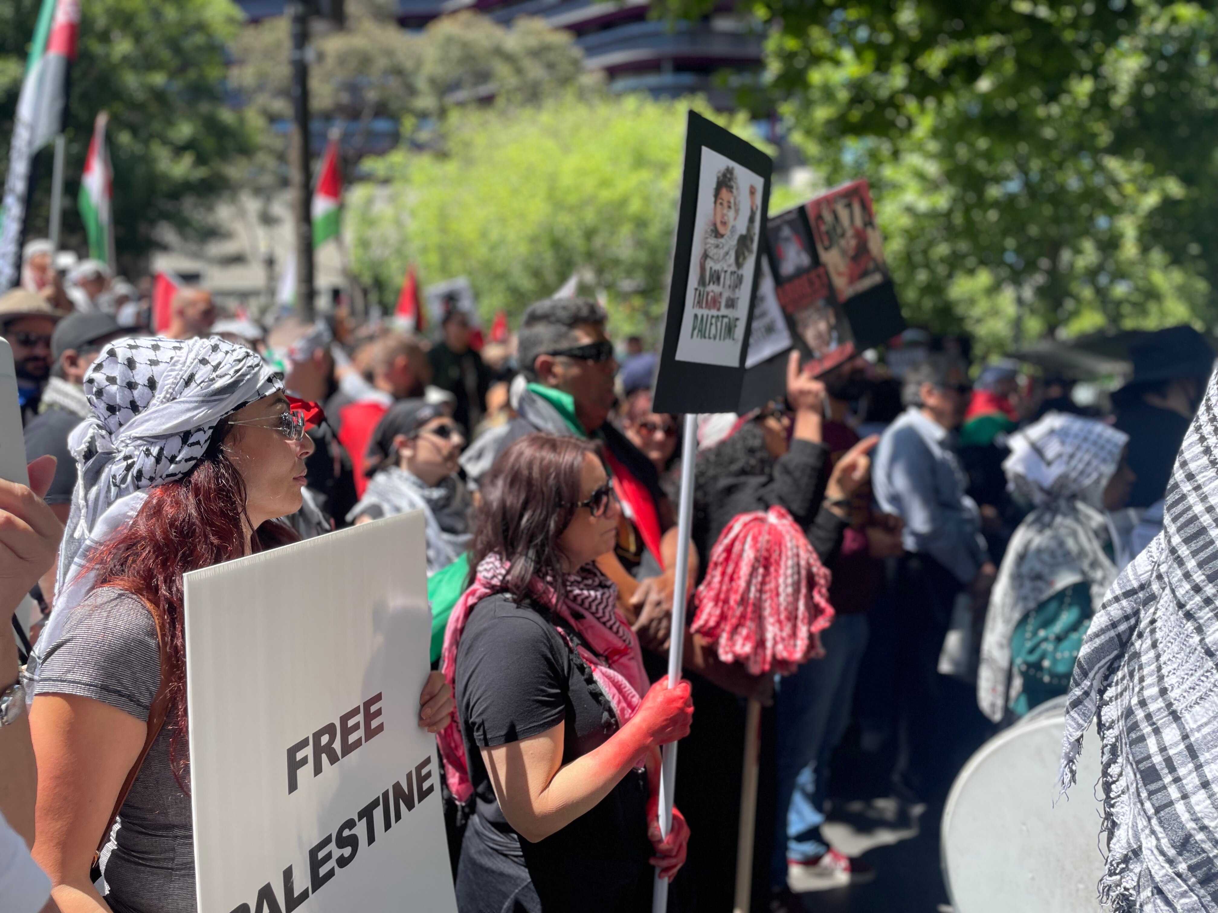 People holding signs for a 'free Palestine' at a rally.