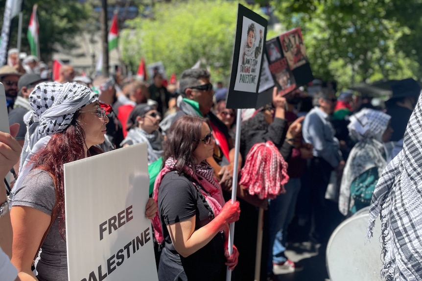 People holding signs for a 'free Palestine' at a rally.