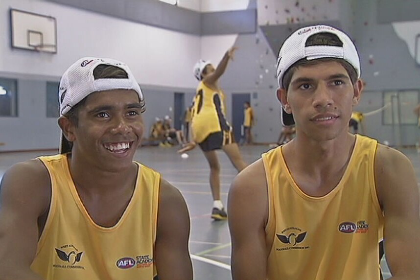 WA footy hopefuls CJ Oakley (left) and Kayden Curtin in the gym in Broome