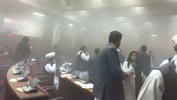 Smoke fills the Afghan parliament