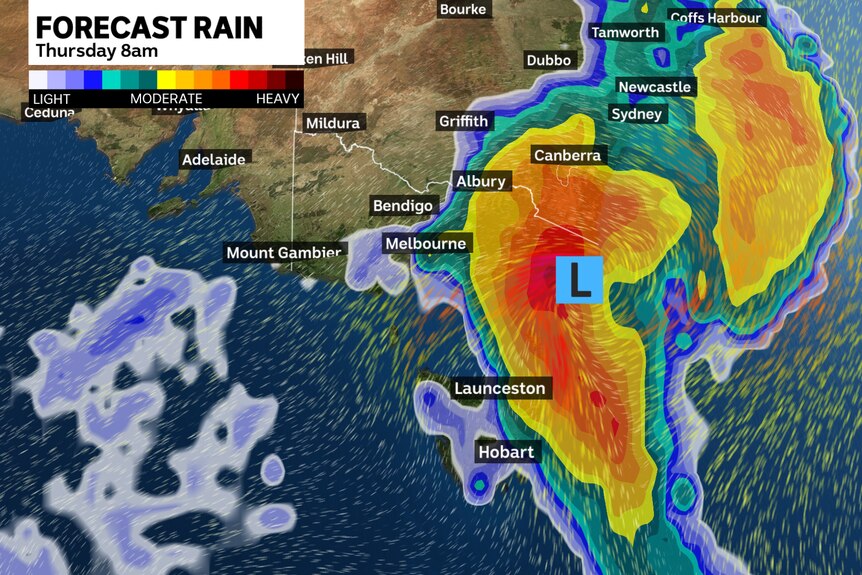 A map of south-east Australia showing colours indicating heavy rains will fall along the coast from Thursday morning